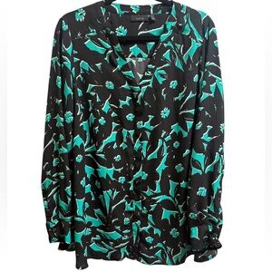 Black and Green V-neck, Button Down Blouse, Roll Tab Sleeves, Apt. 9